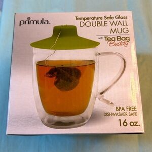 Primula PTA-6116 Clear/White Double Wall Mug 16 oz. with Tea Bag Buddy, new